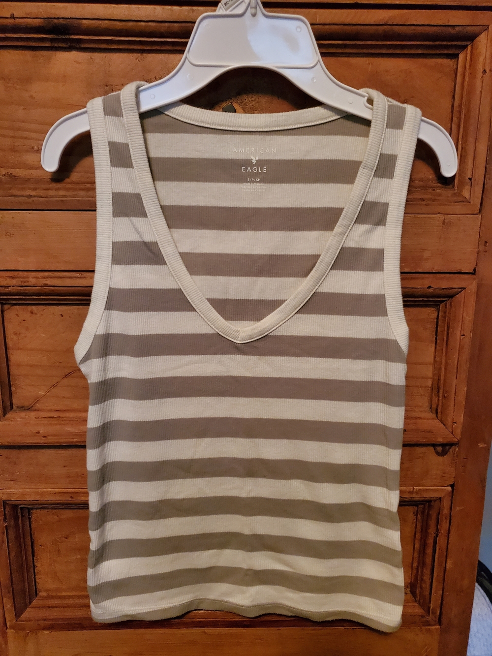 American Eagle Outfitters 2 Cream and Taupe Striped Ribbed V-Neck Tank Tops